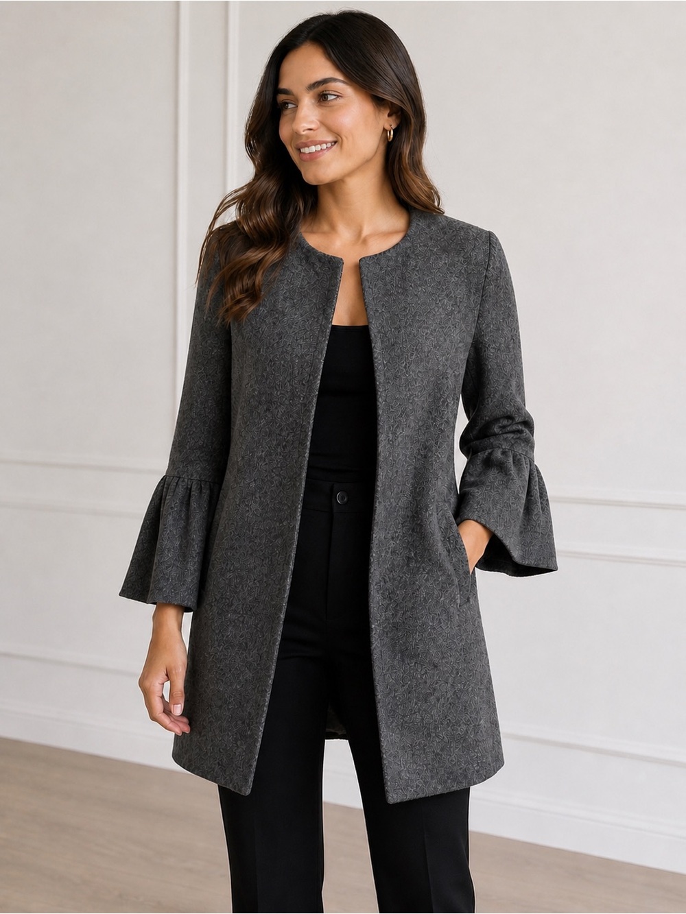 2 for $20✨H&M Grey Ruffle Sleeve Long Blazer | Size Small